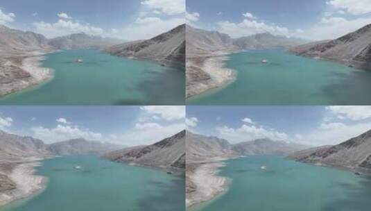 航拍新疆喀什塔县高山环绕的班迪尔蓝湖高清在线视频素材下载