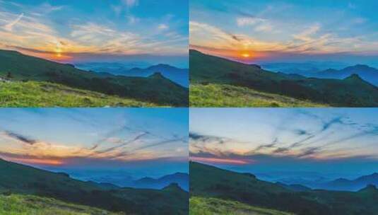 夏季绿色高山草甸群山日落夕阳风光高清在线视频素材下载