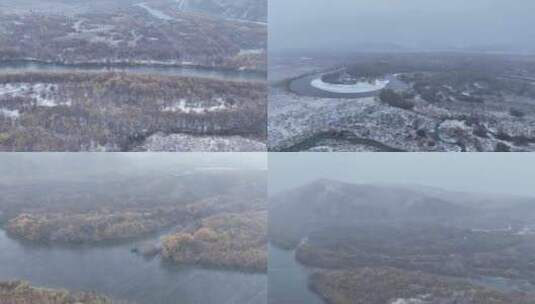 航拍秋季呼伦贝尔湿地风雪交加高清在线视频素材下载
