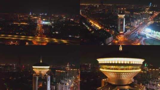 天津滨海新区泰达中心夜景航拍高清在线视频素材下载