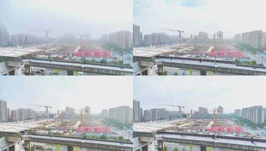 上海外高桥秋天日出、晨雾、地铁、塔吊高清在线视频素材下载
