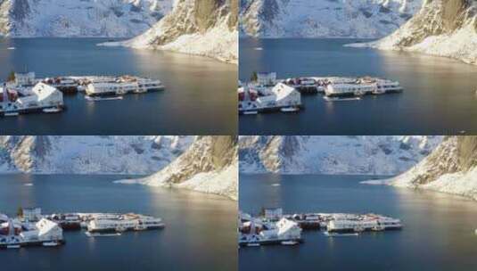 4K航拍岸边冰雪湖泊冬天雪山高清在线视频素材下载