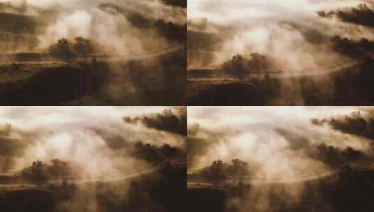 雾气笼罩森林的航拍镜头高清在线视频素材下载