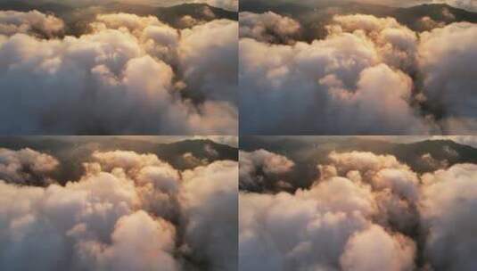 航拍威海里口山山顶的平流雾和白云朵朵高清在线视频素材下载