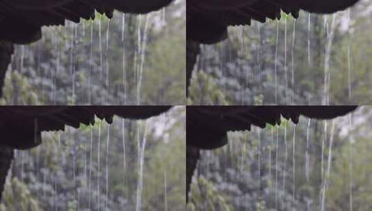 阴天瓦沿雨水滴落屋檐雨水降雨雨滴特写高清在线视频素材下载