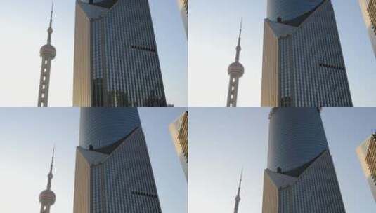 仰拍东方明珠中国银行建筑外观高清在线视频素材下载