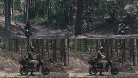 男子在森林山路上骑摩托车高清在线视频素材下载