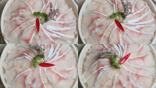 火锅店里的菜品鱼片石斑鱼片高清在线视频素材下载