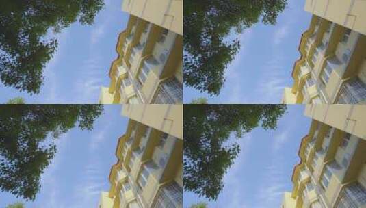 蓝天下的大树和住宅楼高清在线视频素材下载