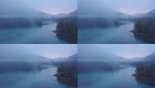 秋天清晨的新疆喀纳斯河神仙湾晨雾自然风光高清在线视频素材下载