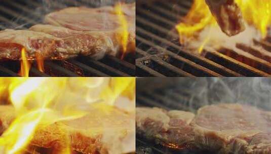 木炭烤架上的牛排烤牛排烤肉烧烤战斧牛排高清在线视频素材下载