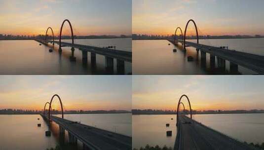 杭州钱塘江清晨日出之江大桥两岸转塘风光高清在线视频素材下载