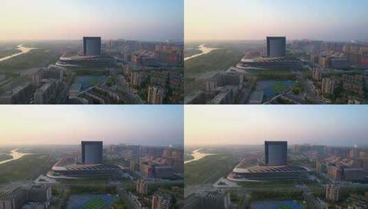航拍上海滴水湖临港中心大楼高清在线视频素材下载
