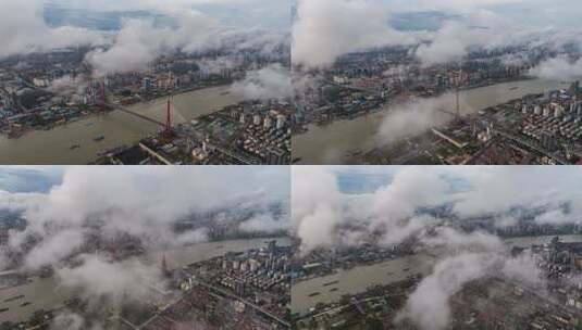 云层上空俯瞰上海杨浦大桥高清在线视频素材下载