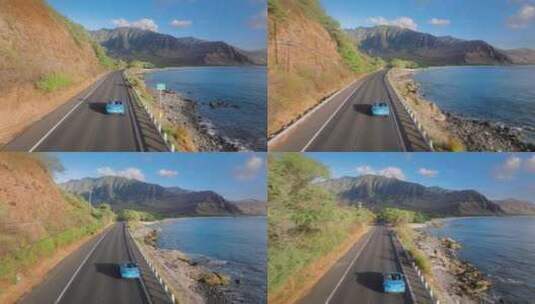 暑假探险旅游空中蓝色敞篷车公路驾驶高清在线视频素材下载