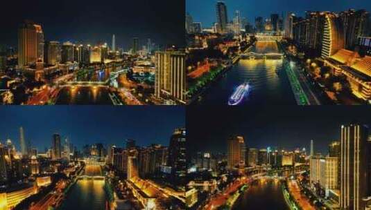 天津海河两岸夜景灯光航拍高清在线视频素材下载