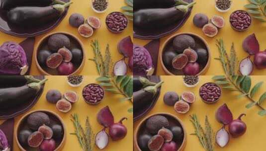 无花果茄子紫甘蓝蔬菜特写高清在线视频素材下载