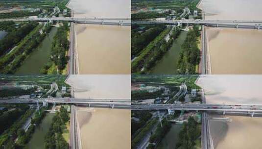 杭州钱塘江沿江边江东大桥车辆车流风景航拍高清在线视频素材下载