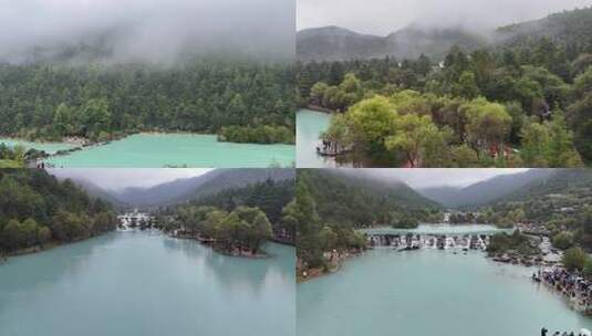 蓝月谷 航拍 下雨 蓝月湖 景区高清在线视频素材下载