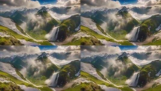 壮美雪山瀑布自然风光高清在线视频素材下载