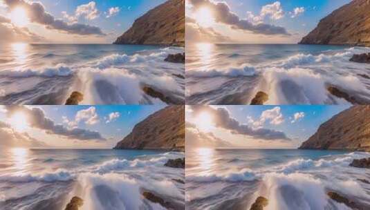 海边夕阳海浪拍打岩石景观高清在线视频素材下载