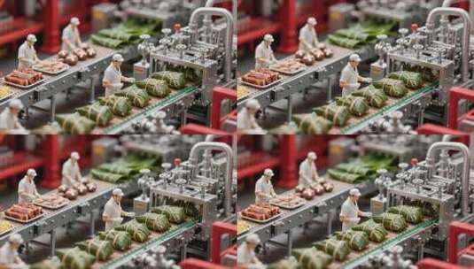 食品工厂粽子生产流水线高清在线视频素材下载