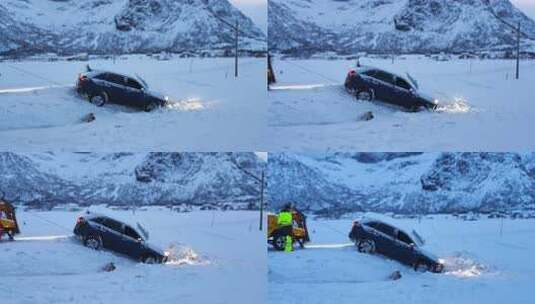 挪威罗弗敦冬季雪地中被困的汽车高清在线视频素材下载