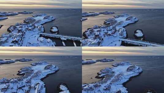 挪威罗弗敦群岛北极圈雷纳冬季雪景高空航拍高清在线视频素材下载