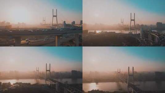 南浦大桥清晨航拍高清在线视频素材下载