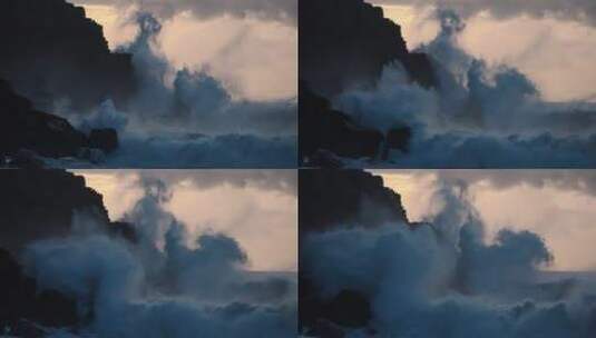 海浪撞击着岸边的岩石慢动作高清在线视频素材下载