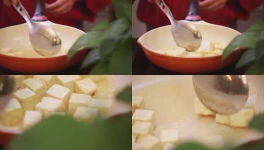 【镜头合集】炸豆腐平底锅煎制豆腐块高清在线视频素材下载