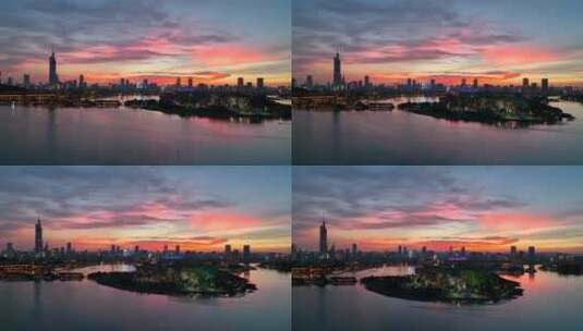 航拍南京玄武湖城区日落高清在线视频素材下载