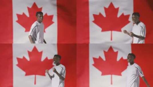 足球运动员在加拿大国旗前欢呼跳跃高清在线视频素材下载
