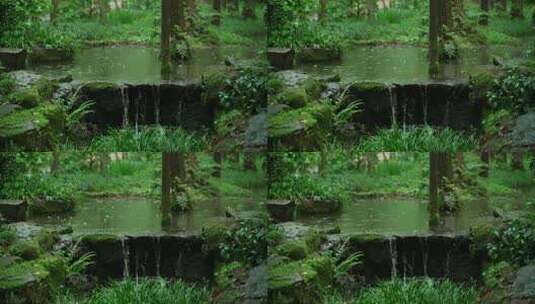 杭州虎跑下雨天绿色树林小瀑布清澈流水声高清在线视频素材下载