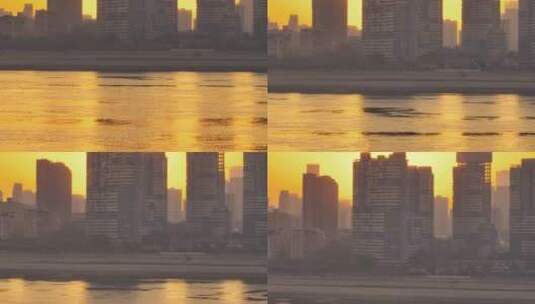 长焦镜头下逆光的城市日出航拍风光高清在线视频素材下载