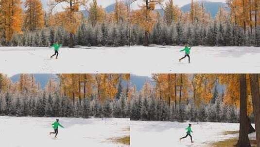 一个女人自由奔跑在雪地上高清在线视频素材下载