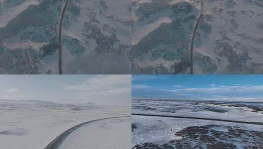 航拍雪后大漠戈壁公路高清在线视频素材下载