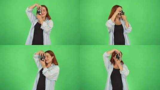 摄影师女人在绿屏上拍照4K高清在线视频素材下载
