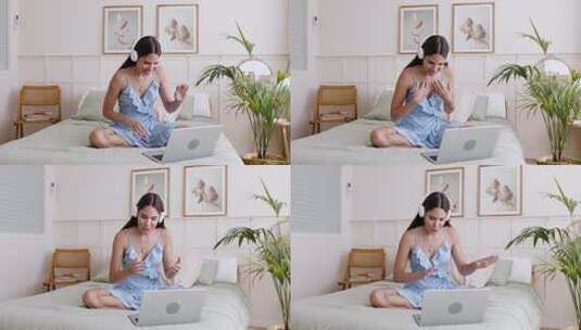 女子在床上视频通话高清在线视频素材下载
