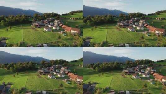 阿尔卑斯山山谷绿地上的列支敦士登鸟瞰图高清在线视频素材下载