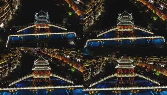 凤凰古城夜景无人机航拍湖南湘西高清在线视频素材下载