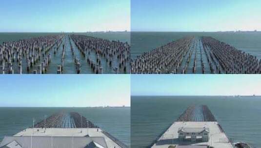 码头前水上的水泥桩高清在线视频素材下载