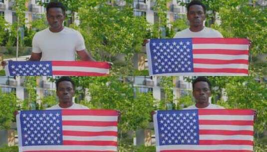 夏天拿着美国国旗和相机的肖像非裔美国人高清在线视频素材下载
