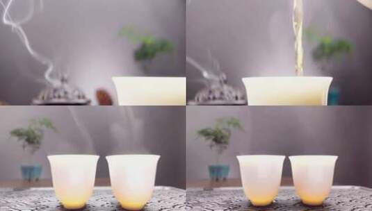 茶道茶艺 向白瓷茶杯中倒茶 香炉高清在线视频素材下载