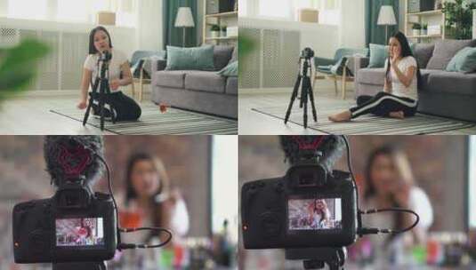 年轻女子在家录制视频高清在线视频素材下载