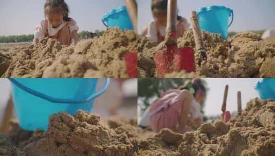 唯美儿童小孩玩沙子挖沙小铲子小桶高清在线视频素材下载