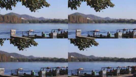 杭州西湖边停泊的游船高清在线视频素材下载