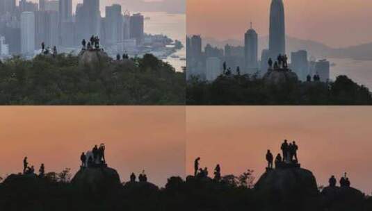 香港宝马山观景平台傍晚夕阳航拍高清在线视频素材下载