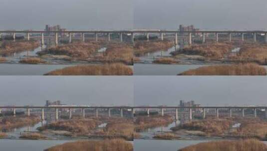 航拍西成高铁广汉段高铁跨鸭子河空镜高清在线视频素材下载
