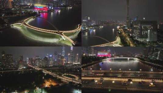 广州大桥海心桥夜景航拍车流交通广州大道夜高清在线视频素材下载